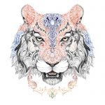 Tattoo, graphics head of a tiger of black and white graphics with floral ornaments on a white background