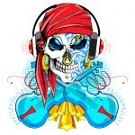 illustration of skull wearing headphone and violin